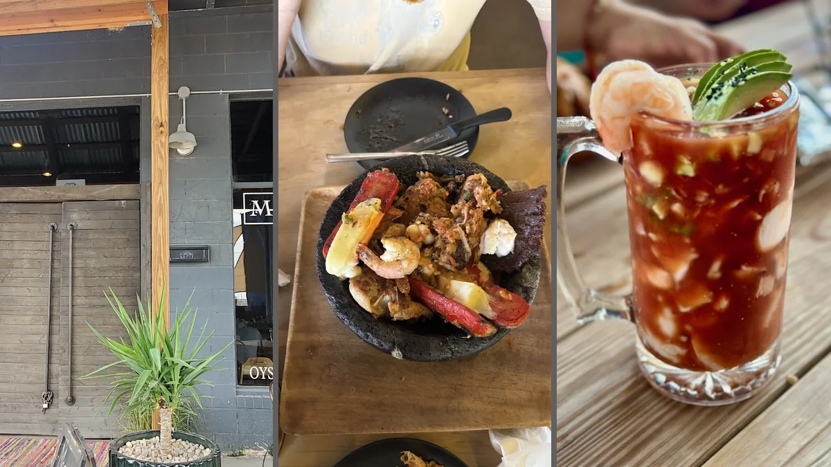 Casual dining tables with seafood plates nearby.